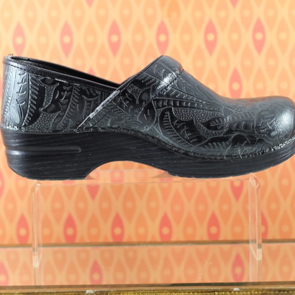 Dansko Black Leather Tooled Clogs - Picture 4 of 16